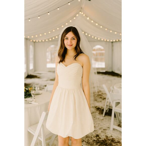 Davids Bridal Wedding Dress Knee-Length Bubble Hem Ivory Rouched Sweatheart Neck - Picture 1 of 8